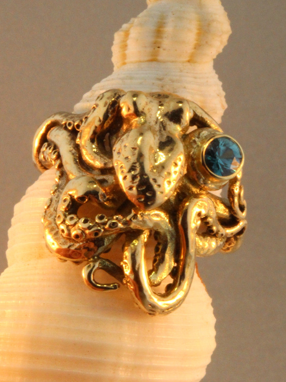 Octopus Ring With Blue Zircon - Solid 14k Gold