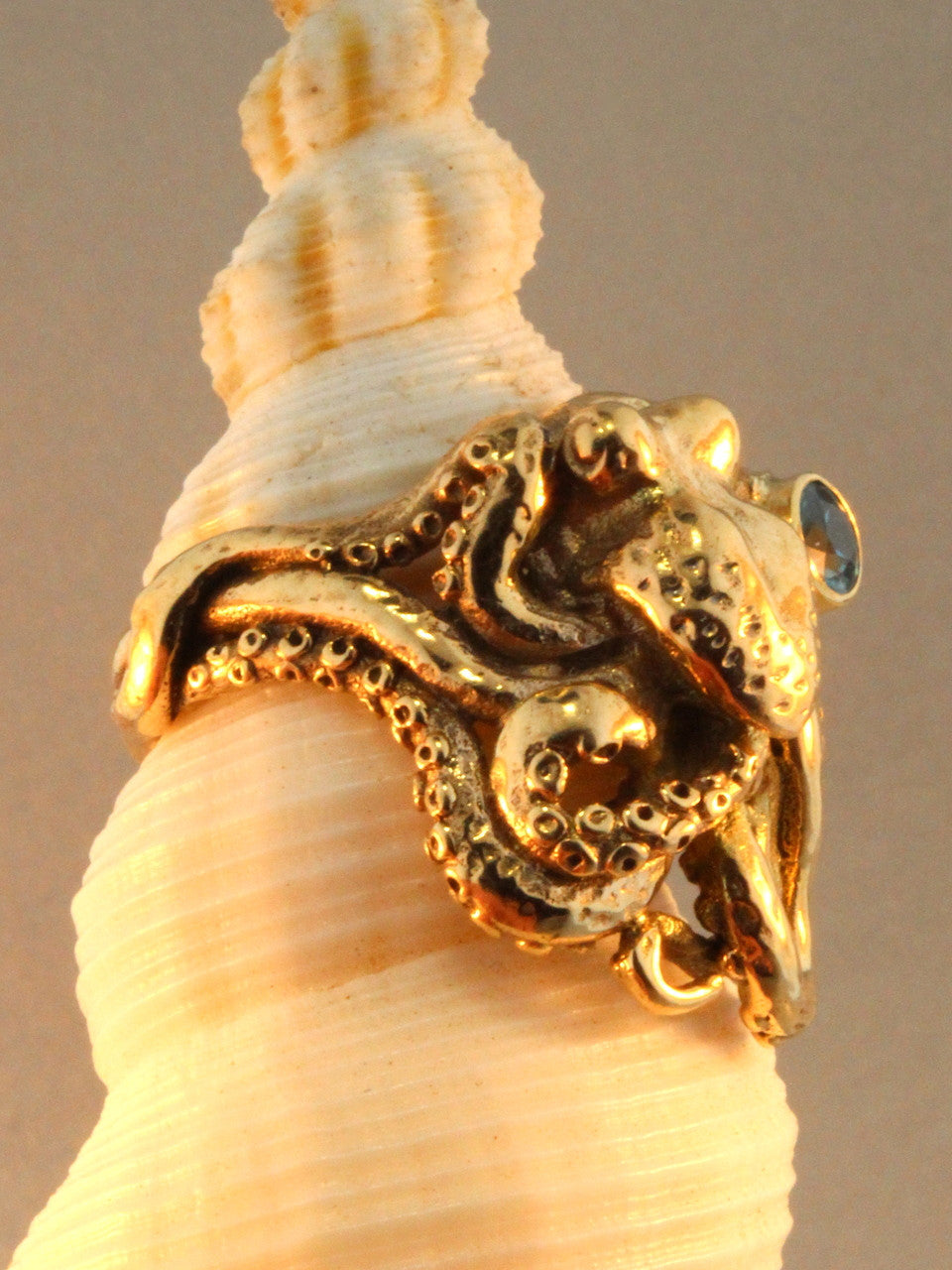 Octopus Ring With Blue Zircon - Solid 14k Gold