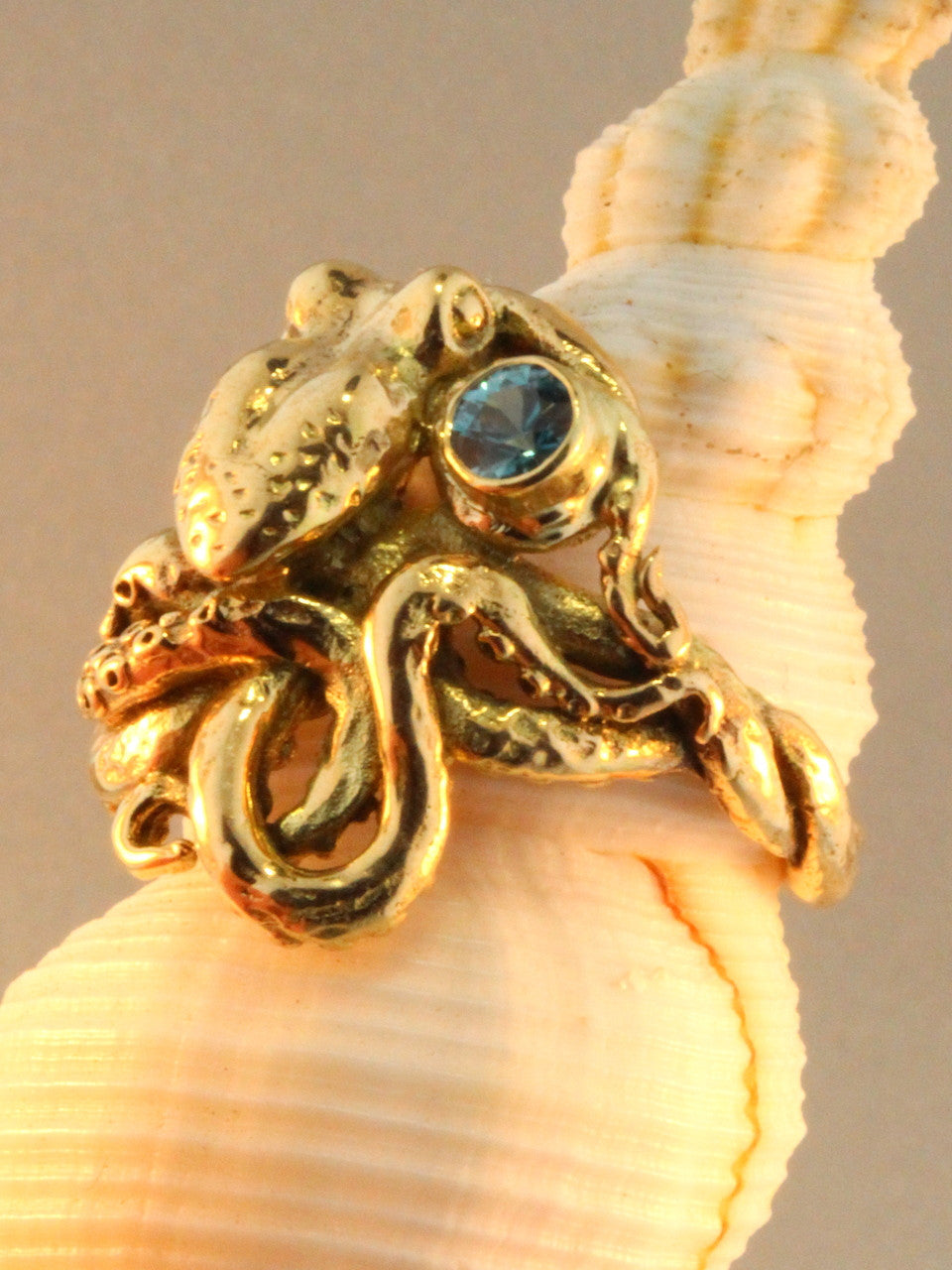 Octopus Ring With Blue Zircon - Solid 14k Gold