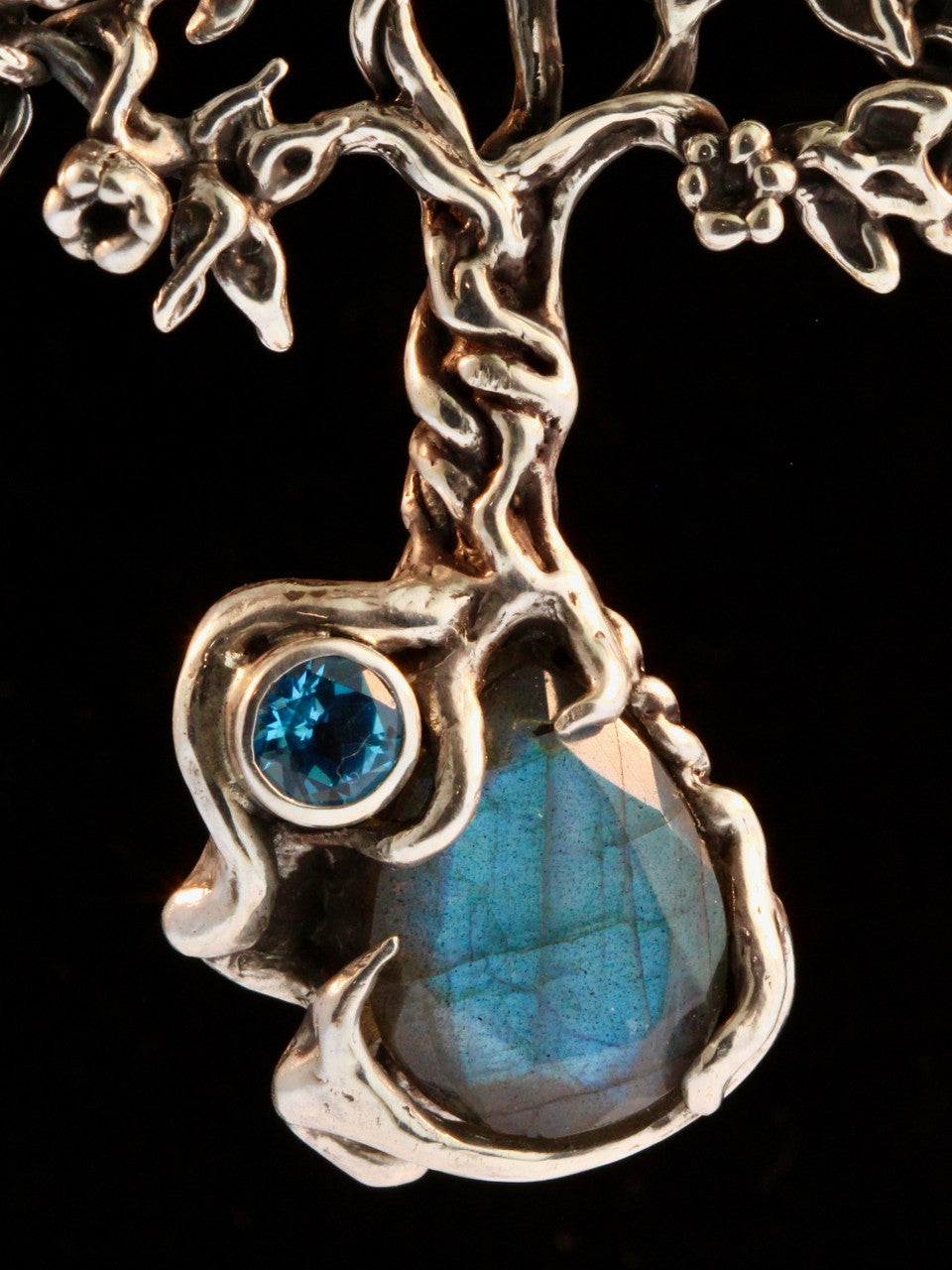 Primeval Forest Tree Pendant #25 with Laborite and Blue Topaz - Silver