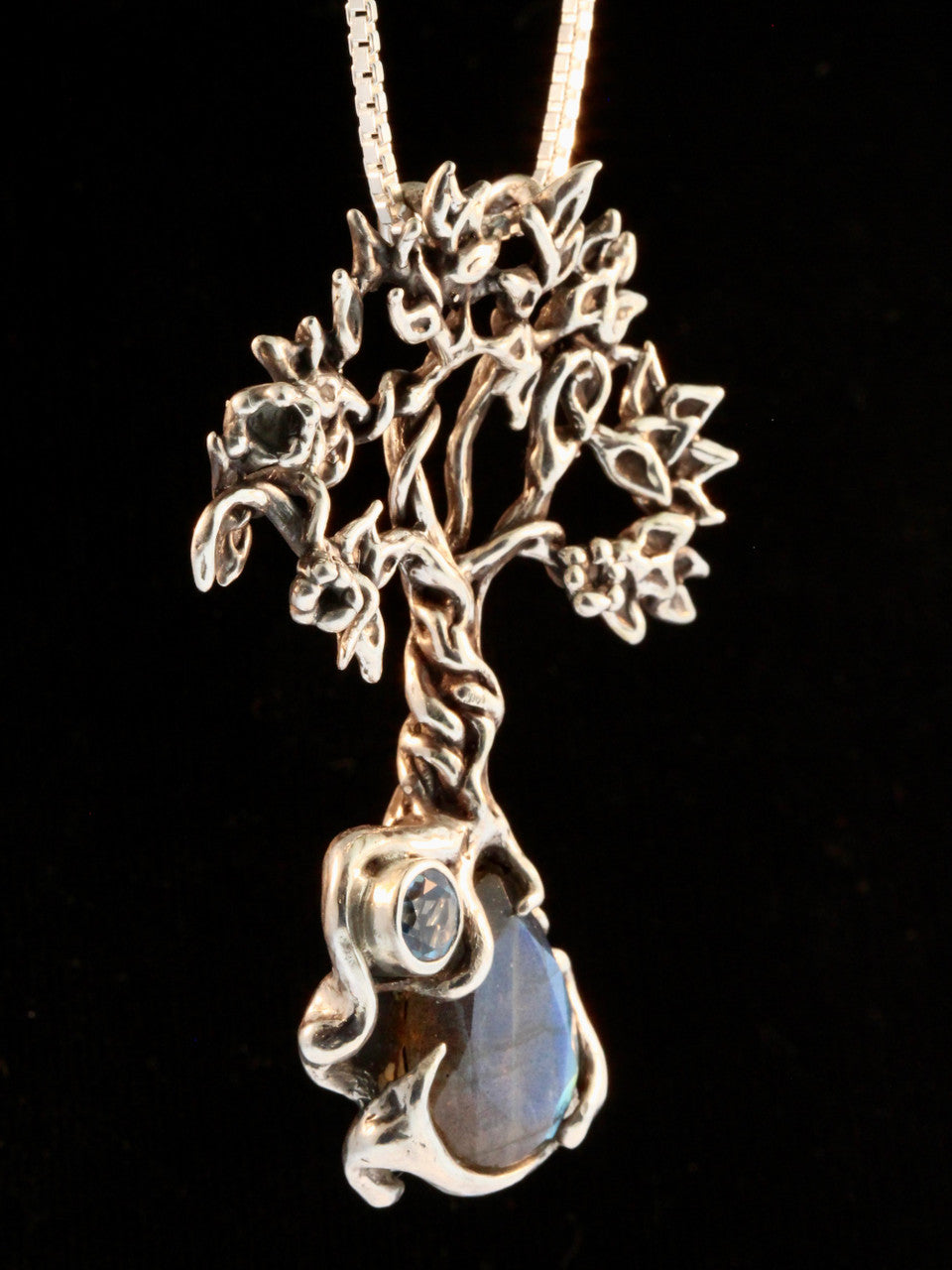 Primeval Forest Tree Pendant #25 with Laborite and Blue Topaz - Silver