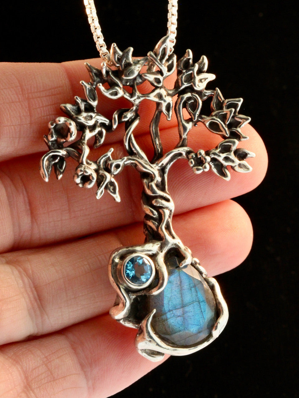Primeval Forest Tree Pendant #25 with Laborite and Blue Topaz - Silver