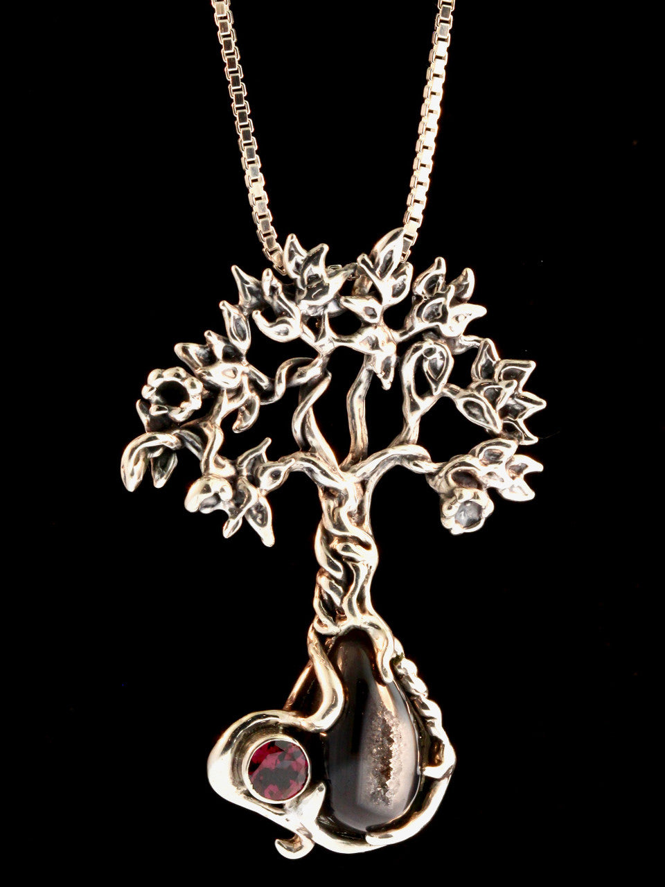 Primeval Forest Tree Pendant #22 Black Druzy Quartz and Rhodolite Garnet - Silver