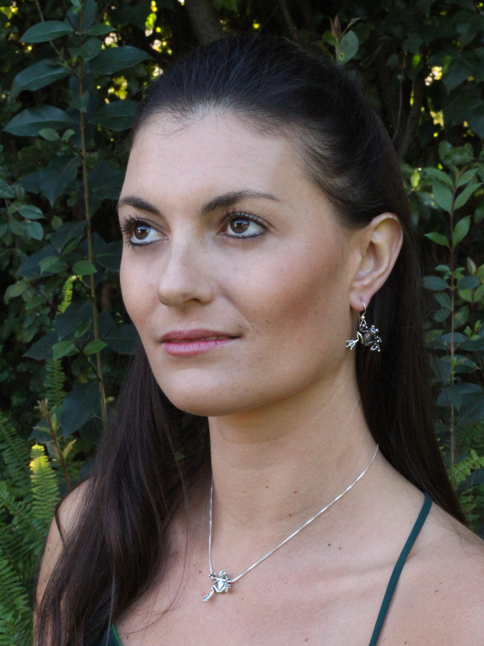 Jessica is wearing the Tree Frog Pendant and Tree Frog Earrings