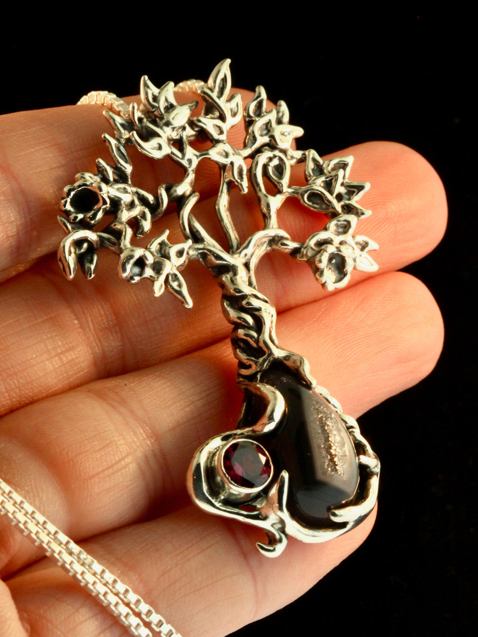 Primeval Forest Tree Pendant #22 Black Druzy Quartz and Rhodolite Garnet - Silver