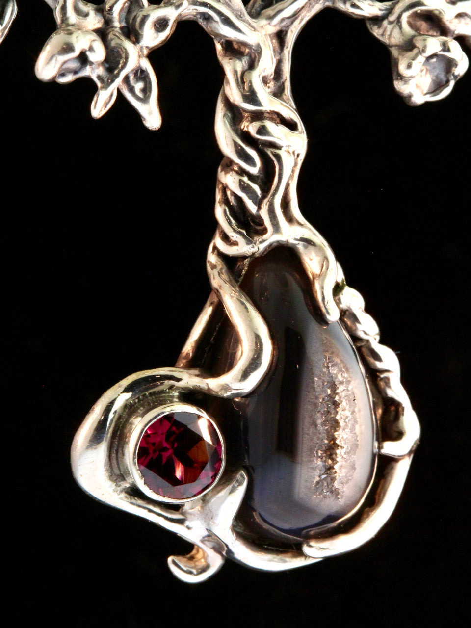 Primeval Forest Tree Pendant #22 Black Druzy Quartz and Rhodolite Garnet - Silver