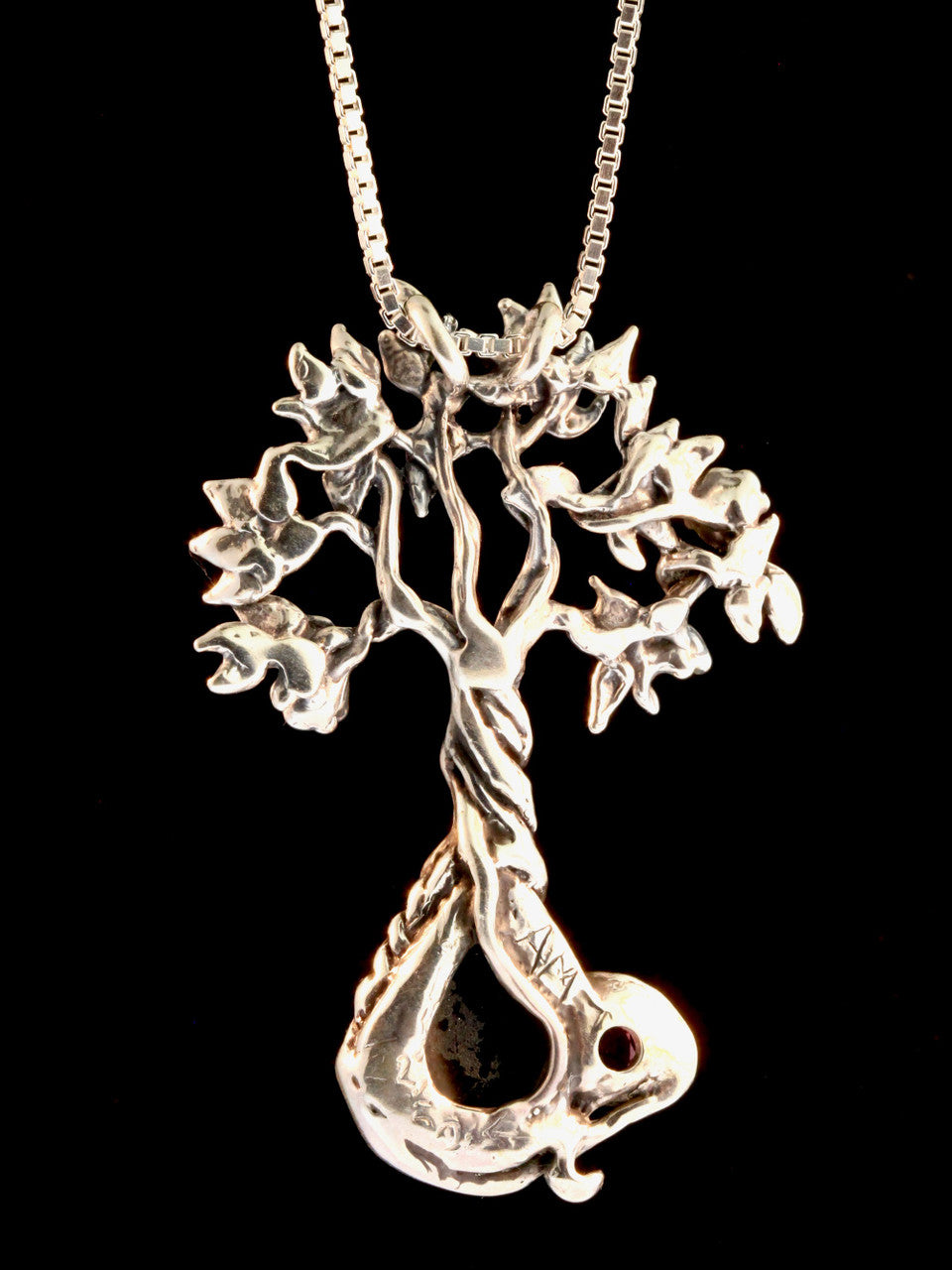 Primeval Forest Tree Pendant #22 Black Druzy Quartz and Rhodolite Garnet - Silver