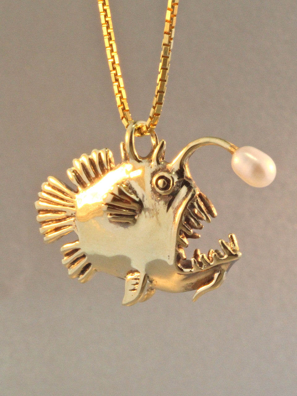 Gold Angler Fish Charm with White Pearl - Solid 14k Gold
