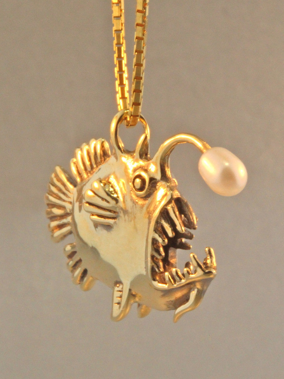Gold Angler Fish Charm with White Pearl - Solid 14k Gold