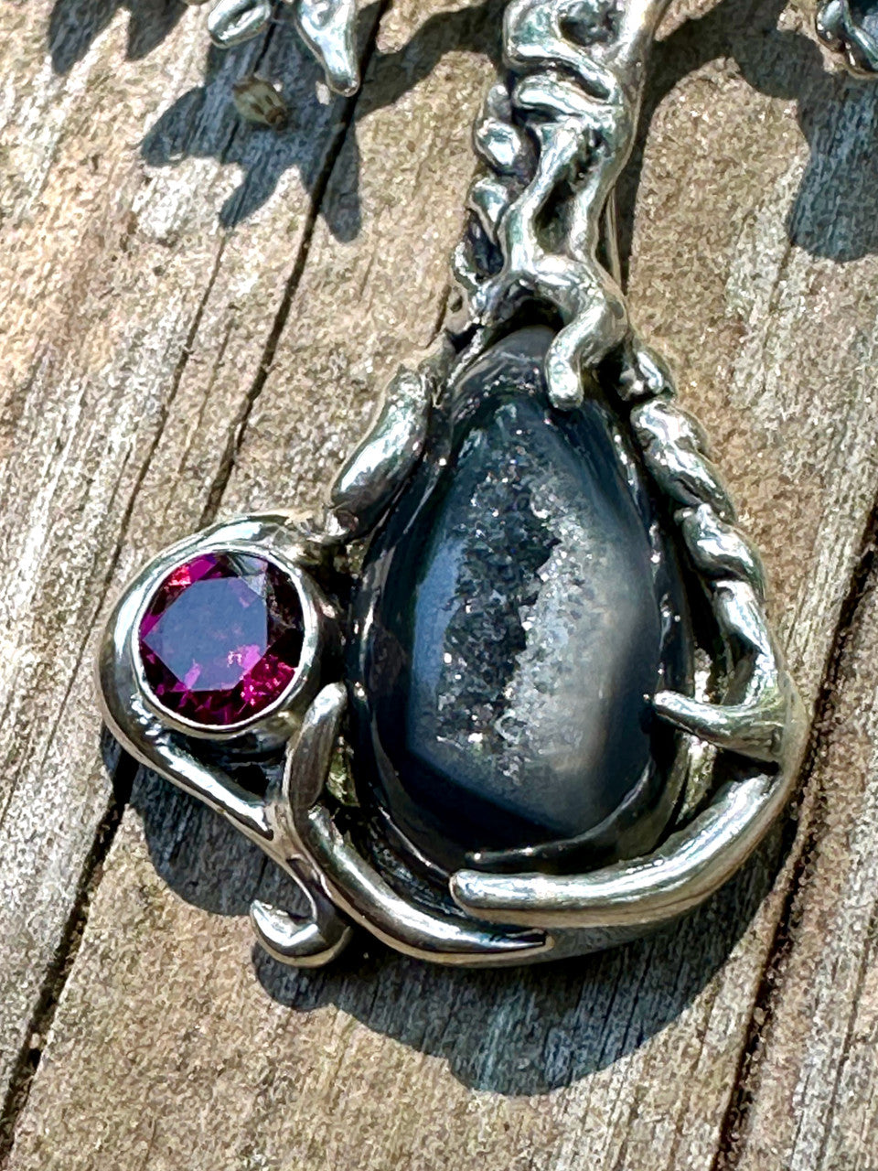 Primeval Forest Tree Pendant #22 Black Druzy Quartz and Rhodolite Garnet - Silver