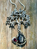 Primeval Forest Tree Pendant #22 Black Druzy Quartz  and Rhodolite Garnet - Silver