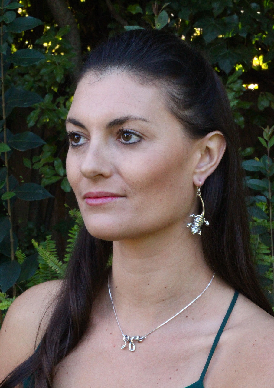 Jessica is wearing Bearded Dragon Earrings & Vine Snake Charm
