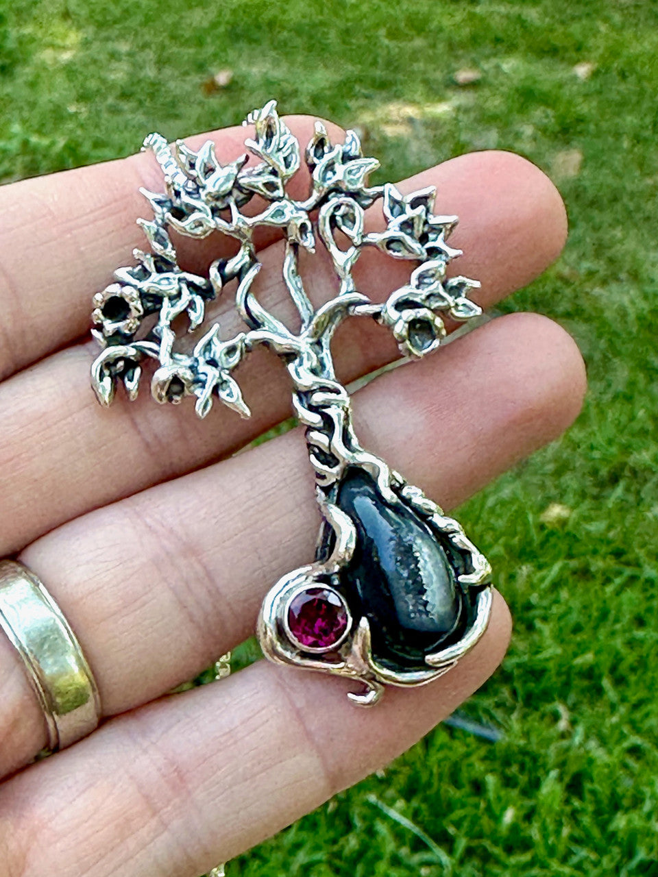 Primeval Forest Tree Pendant #22 Black Druzy Quartz and Rhodolite Garnet - Silver