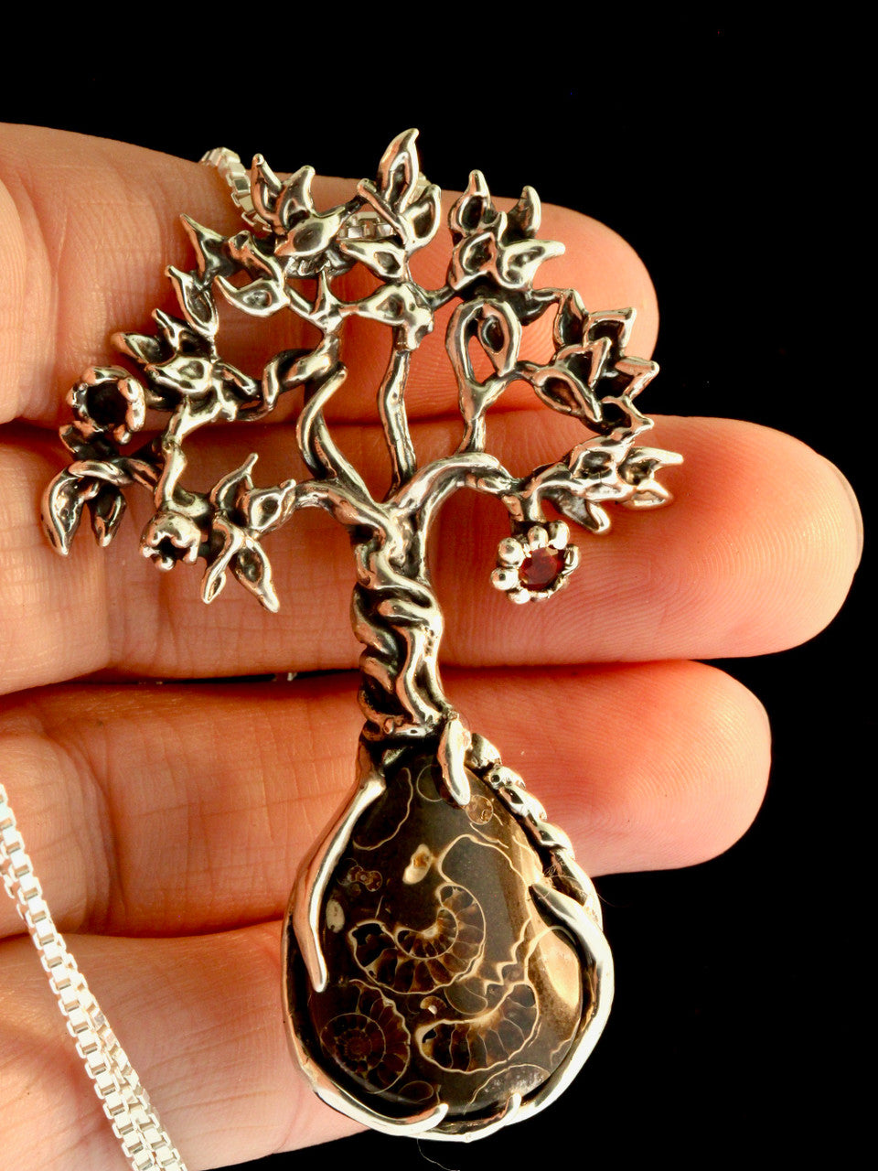 Primeval Forest Tree Pendant #24 with Marston Marble Fossil and Mexican Fire Opal - Silver