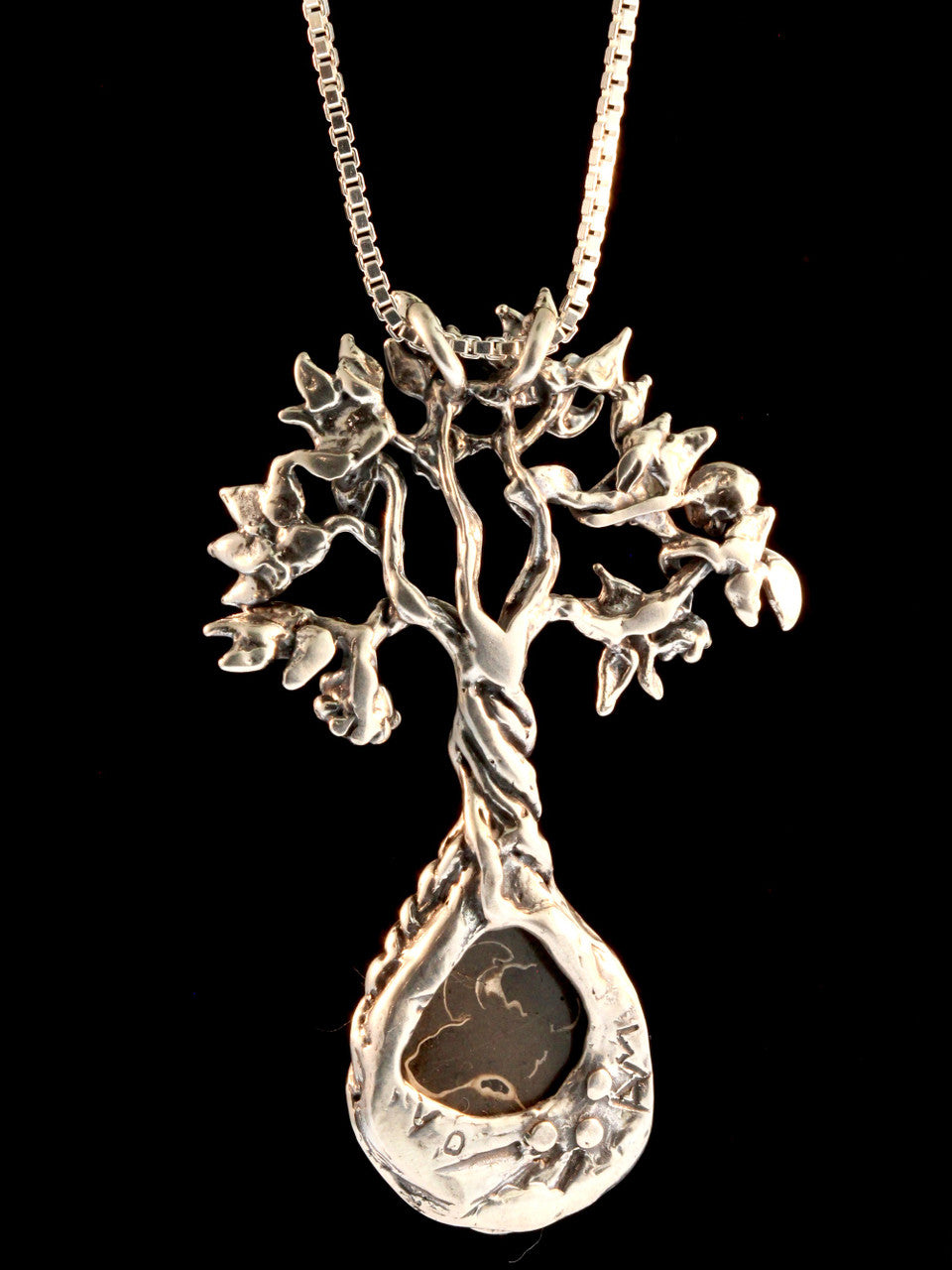 Primeval Forest Tree Pendant #24 with Marston Marble Fossil and Mexican Fire Opal - Silver