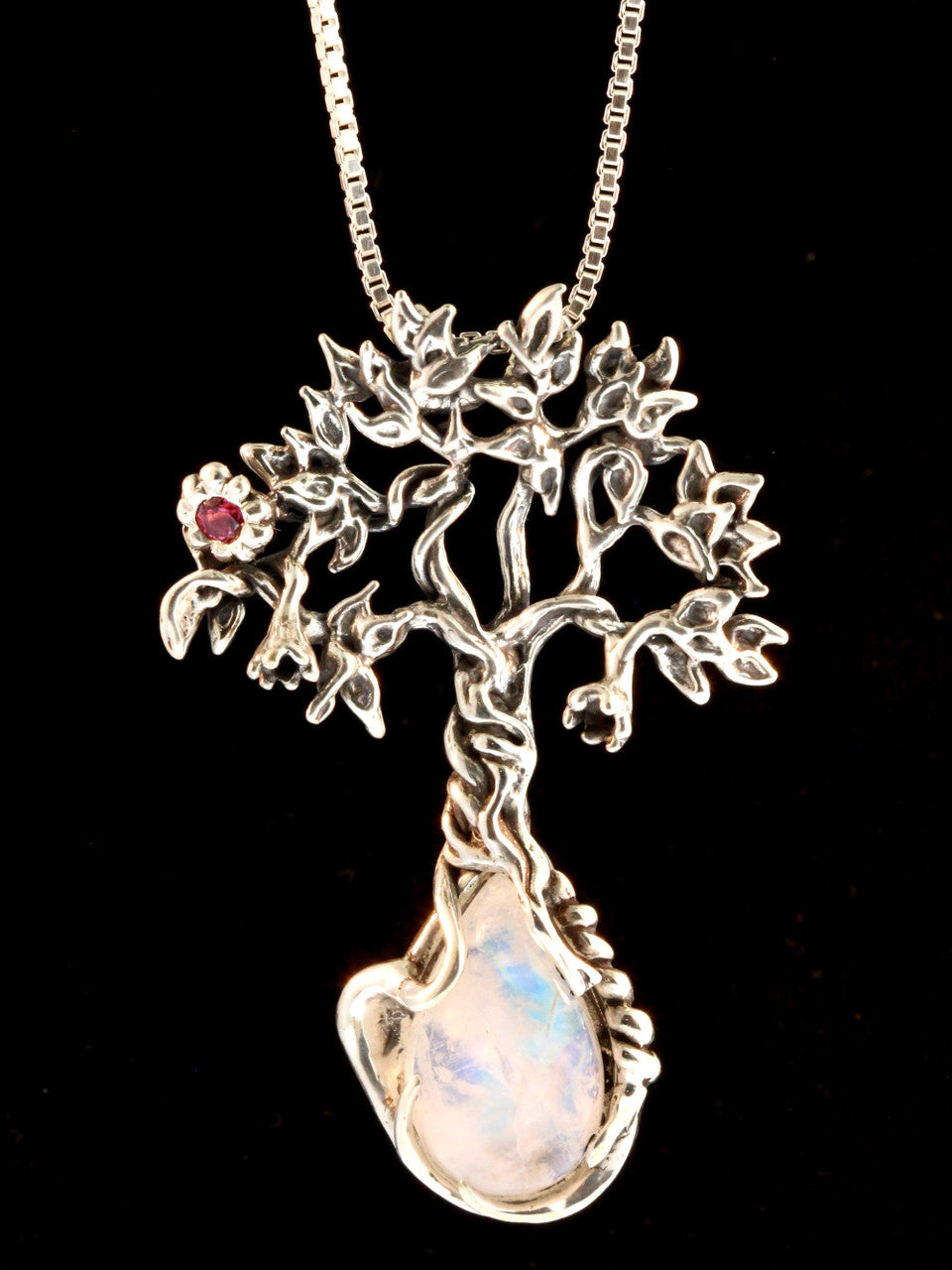 Primeval Forest Tree Pendant #23 with Moonstone and Pink Tourmaline - Silver