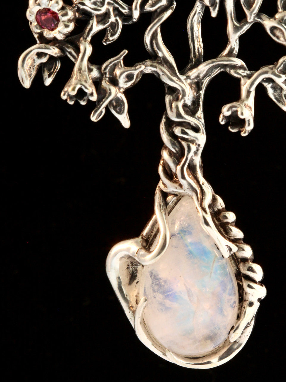 Primeval Forest Tree Pendant #23 with Moonstone and Pink Tourmaline - Silver