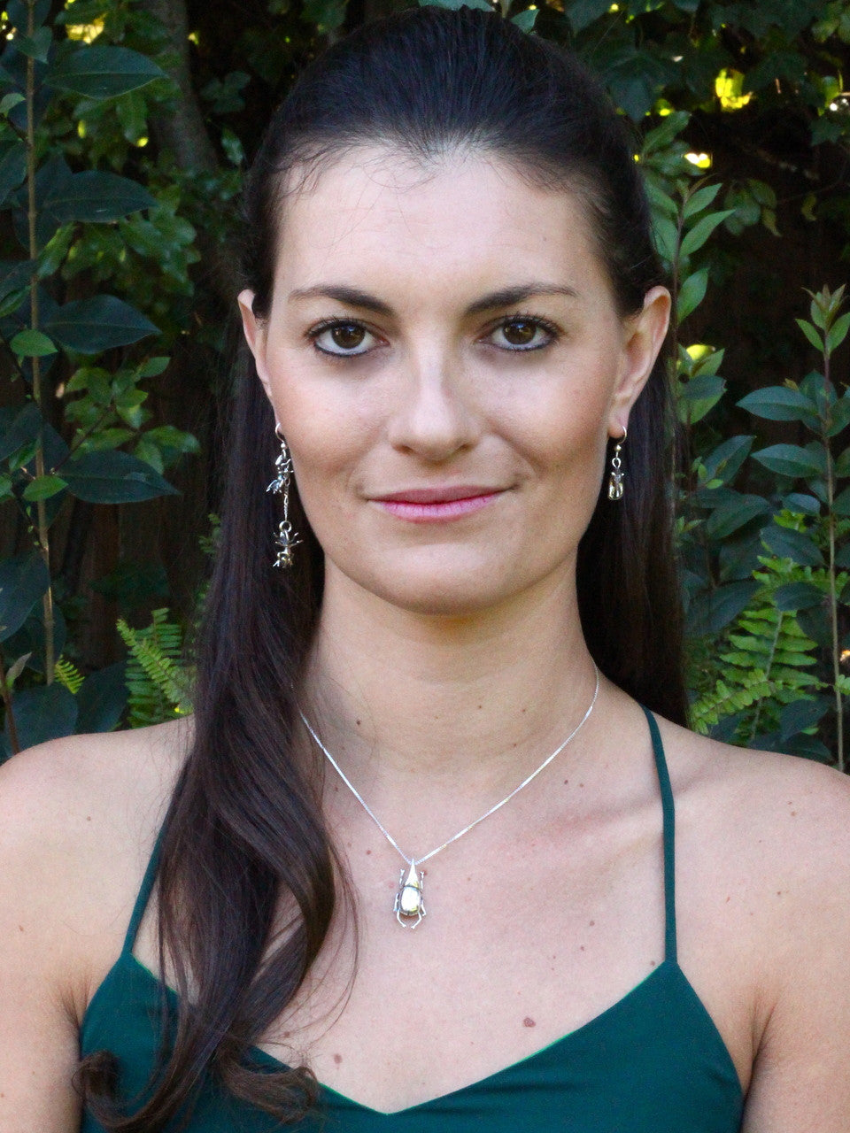 Model is wearing Anteater &  Ant Earrings and the Rhinoceros Beetle Charm