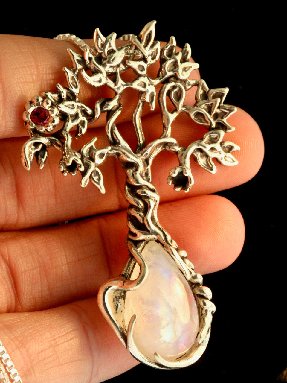Primeval Forest Tree Pendant #23 with Moonstone and Pink Tourmaline - Silver