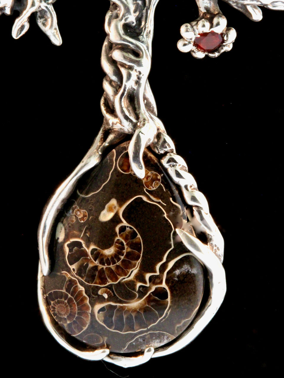 Primeval Forest Tree Pendant #24 with Marston Marble Fossil and Mexican Fire Opal - Silver