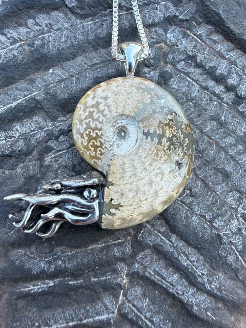Fossilized Ammonite Nautilus Pendant with Blue Topaz - Sterling Silver