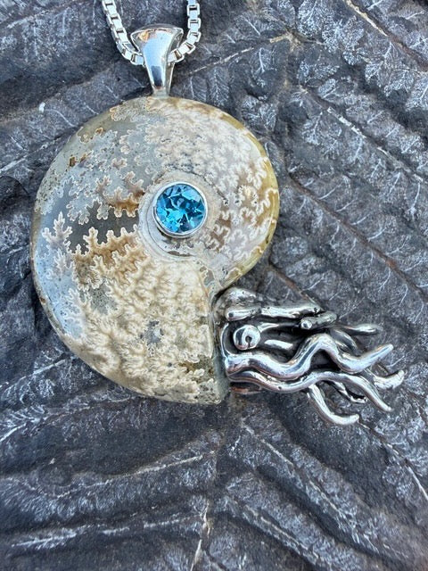 Fossilized Ammonite Nautilus Pendant with Blue Topaz - Sterling Silver