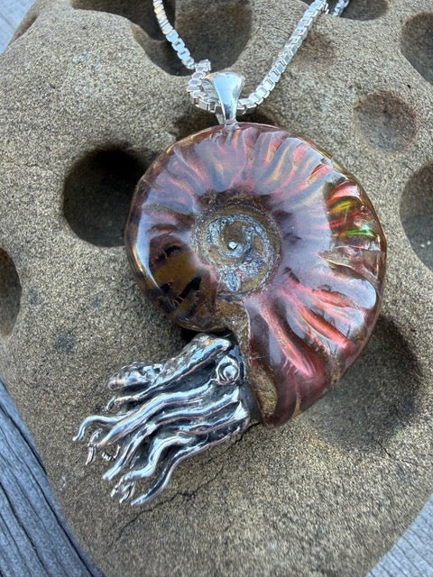 Rainbow Fossilized Ammonite Nautilus Necklace with Mexican Fire Opal - Sterling Silver