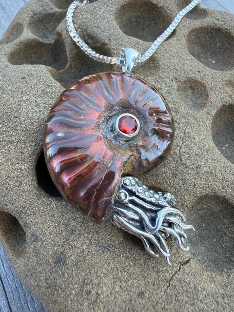 Rainbow Fossilized Ammonite Nautilus Necklace with Mexican Fire Opal - Sterling Silver