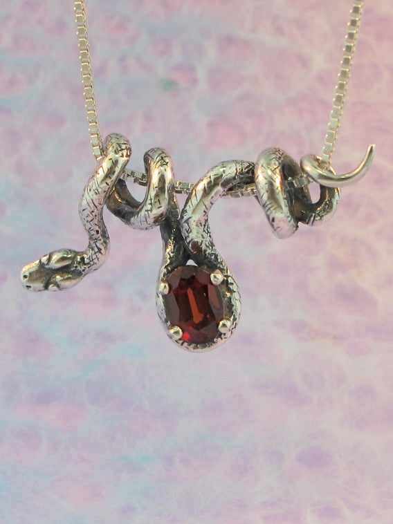 Vine Snake Pendant with Garnet - Sterling Silver