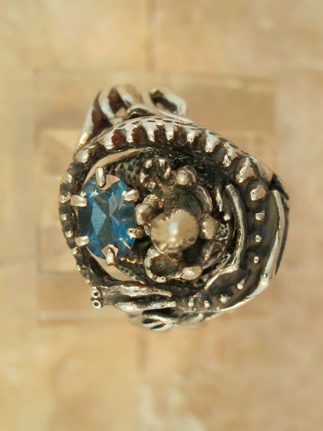 Castle Dragon Ring with Blue Topaz - Sterling Silver