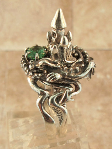 Castle Dragon Ring with Blue Green Tourmaline