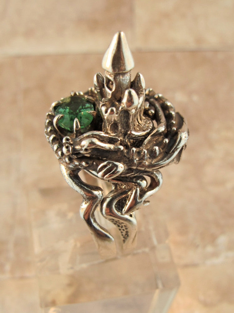Castle Dragon Ring with Blue Green Tourmaline