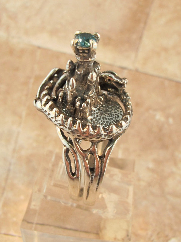 Castle Dragon Ring with Gemstone Turret - Sterling Silver
