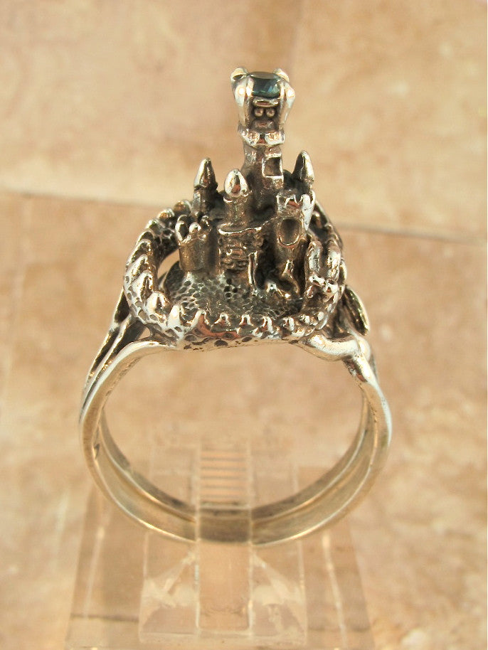 Castle Dragon Ring with Gemstone Turret - Sterling Silver