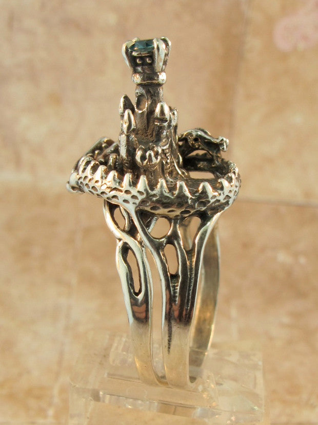 Castle Dragon Ring with Gemstone Turret - Sterling Silver
