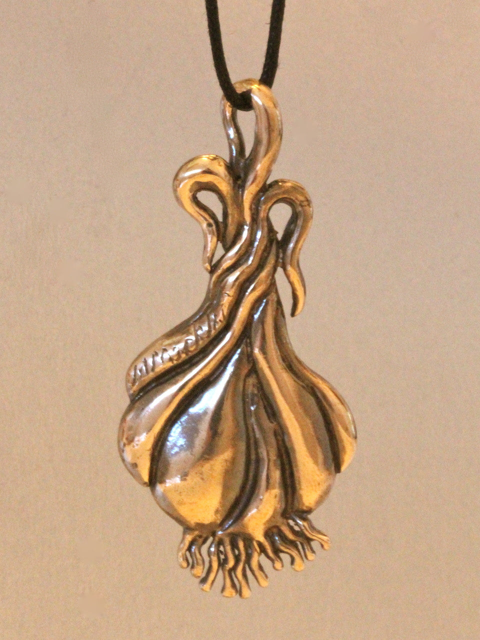 Large Bronze Garlic Pendant w/Black Cord