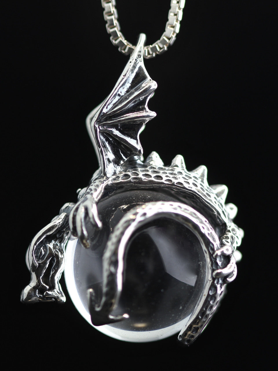 Clear Quartz, Dragon Orb Pendant - Silver