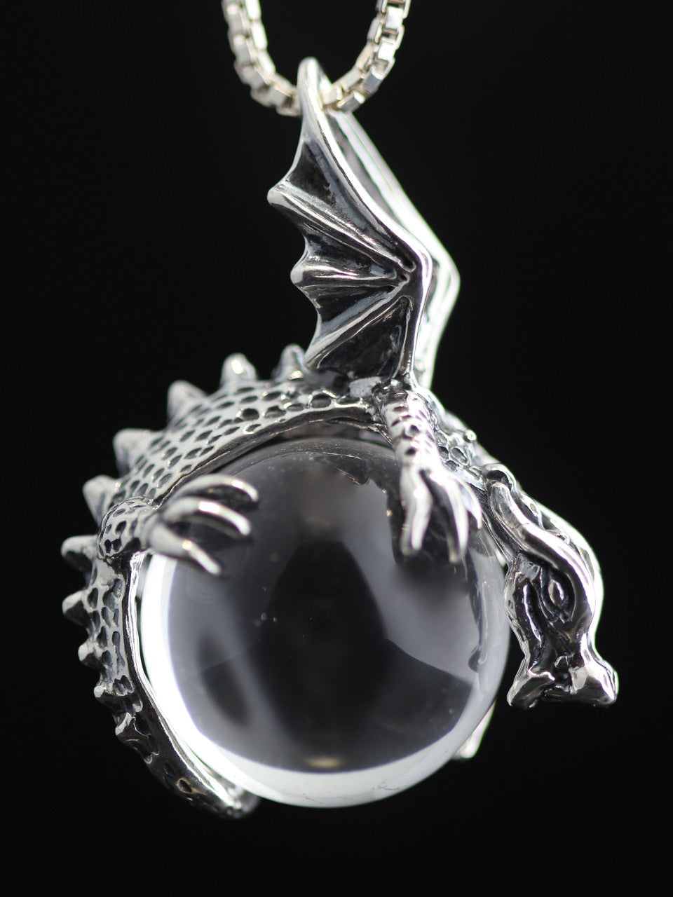 Clear Quartz, Dragon Orb Pendant - Silver-