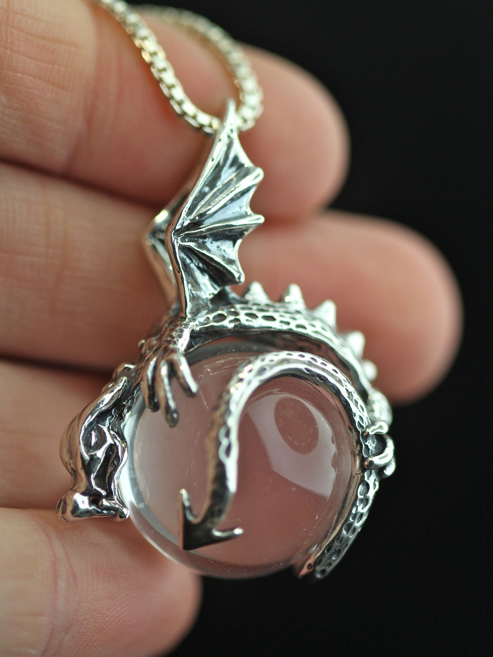 Dragon Orb Pendant  with clear Quartz Crystal -Silver