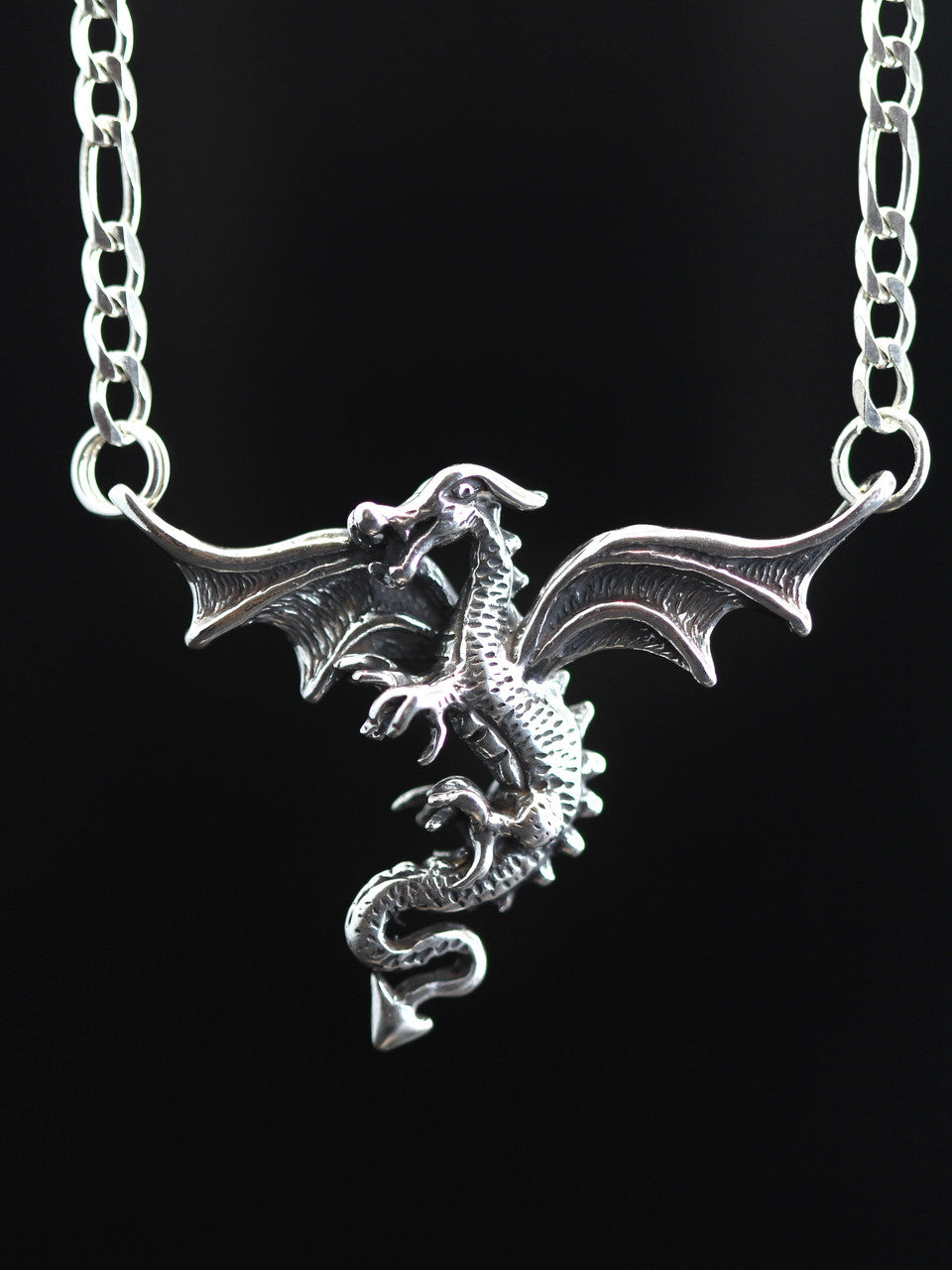 Dragon In Flight with Figaro chain - Silver