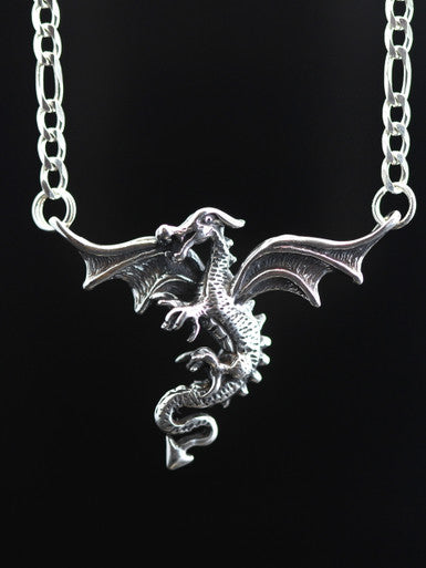 Dragon In Flight Pendant with Figaro chain - Silver