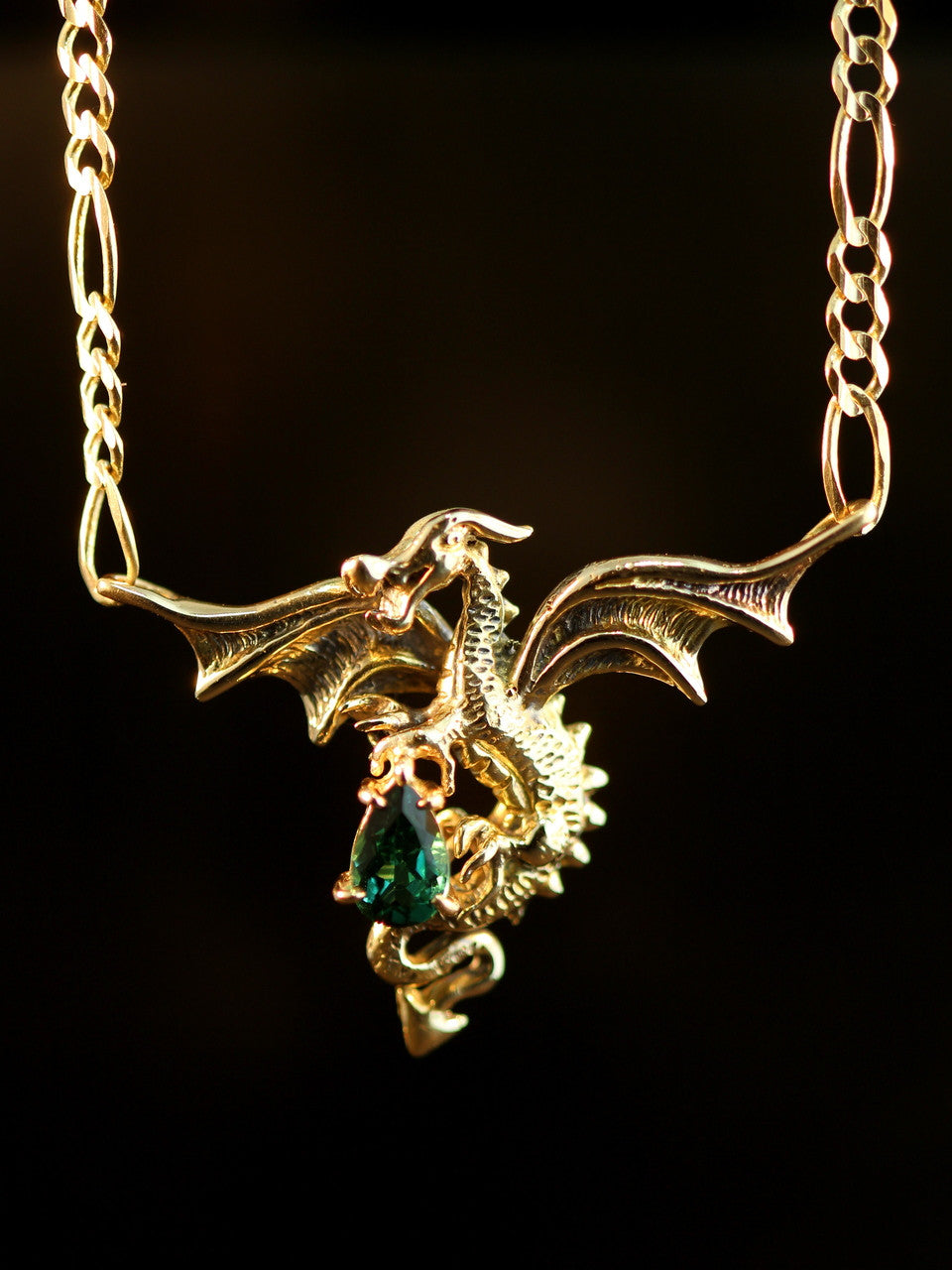 Dragon In Flight Pendant with Green Tourmaline - 14K