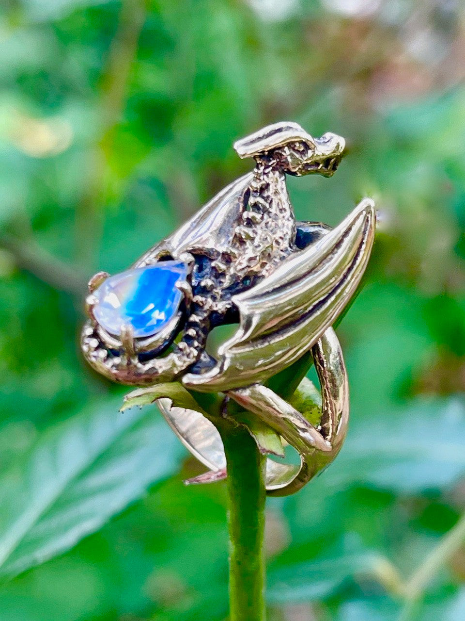 Glider Dragon Ring with Moonstone - 14K gold