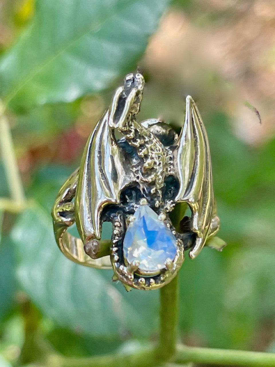 Glider Dragon Ring with Moonstone - 14K gold