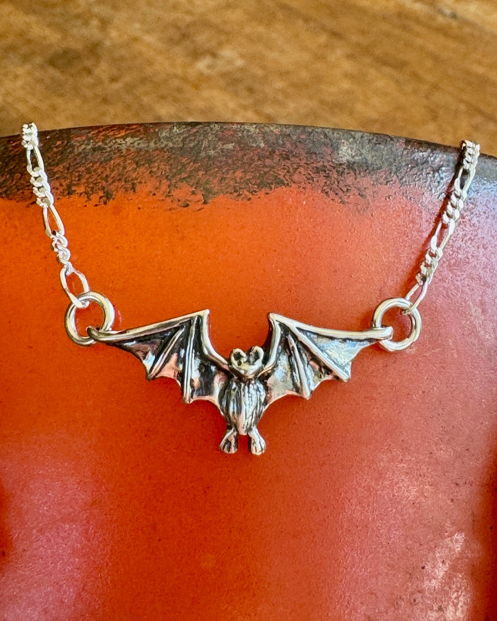 Tiny Sterling Silver Flying Bat Pendant  with Figaro Chain