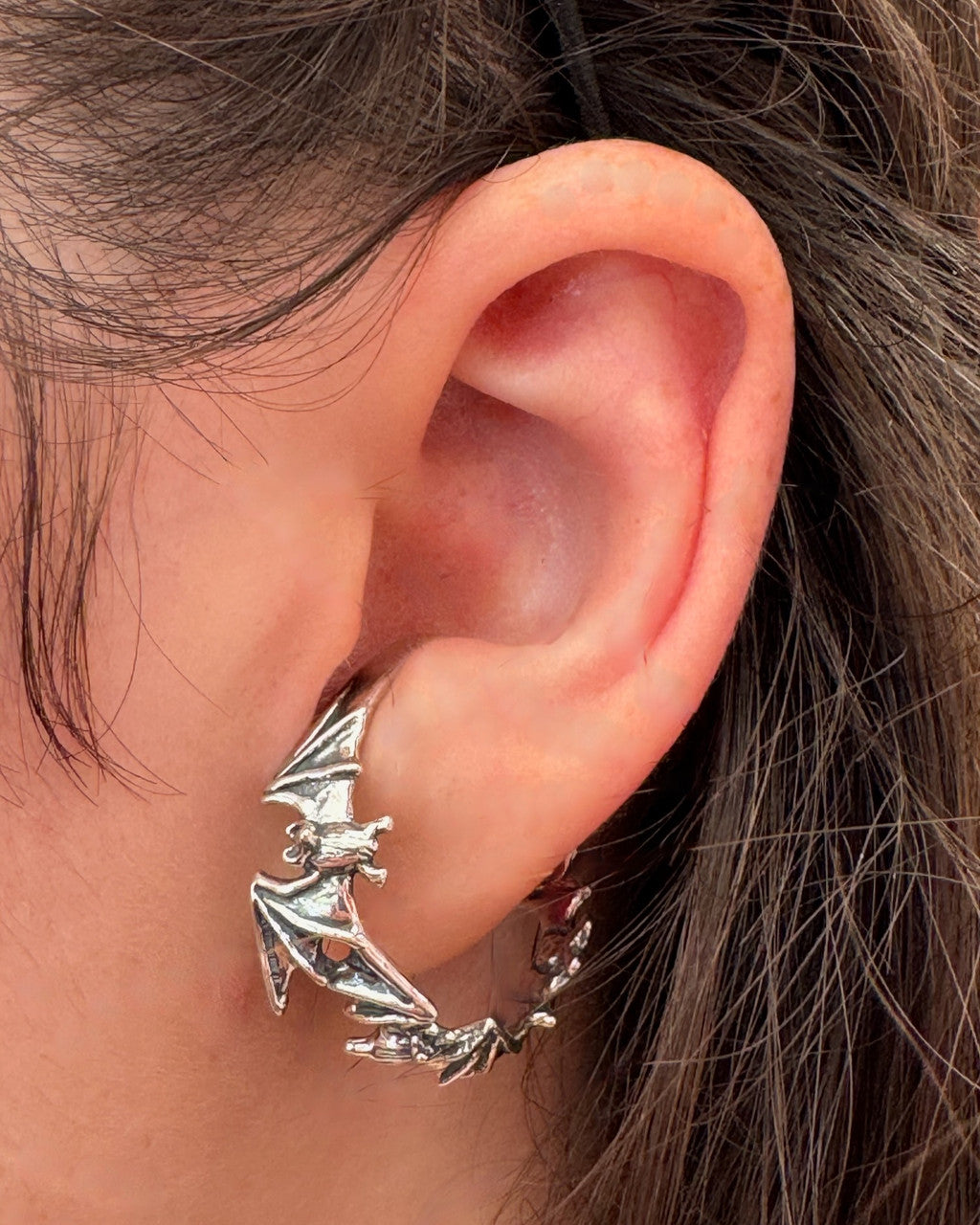 Bat Flock Ear Hoop - Silver - on left ear