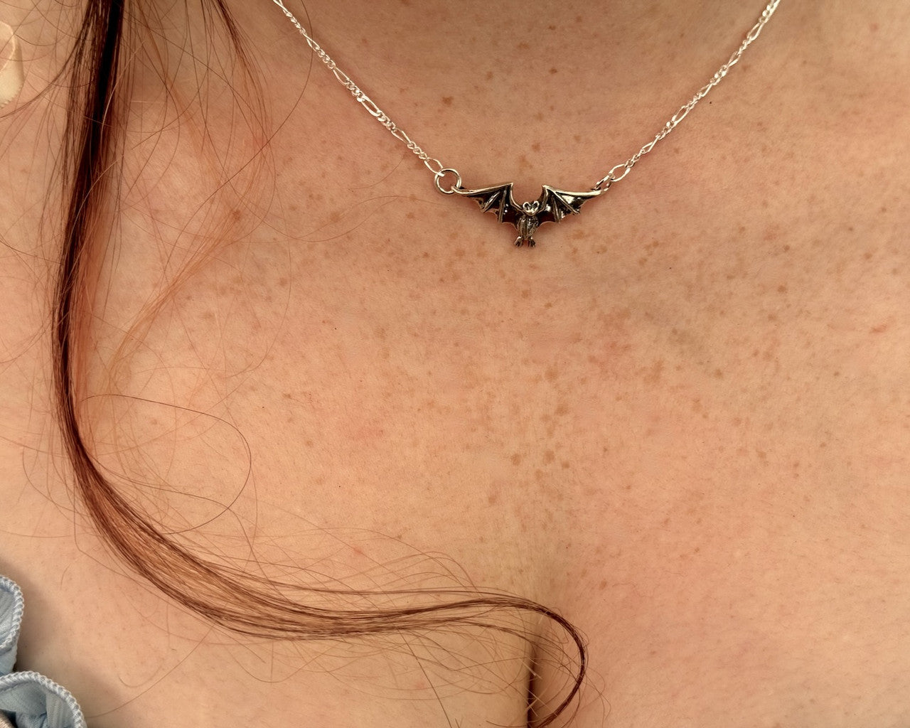 Tiny Flying Bat Pendant with Figaro chain - Silver