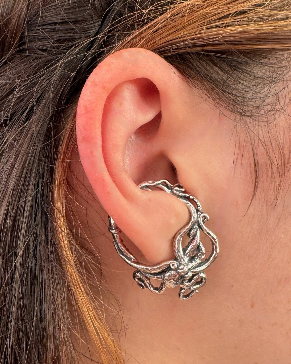 Silver Octopus Ear Hoop on Right Ear