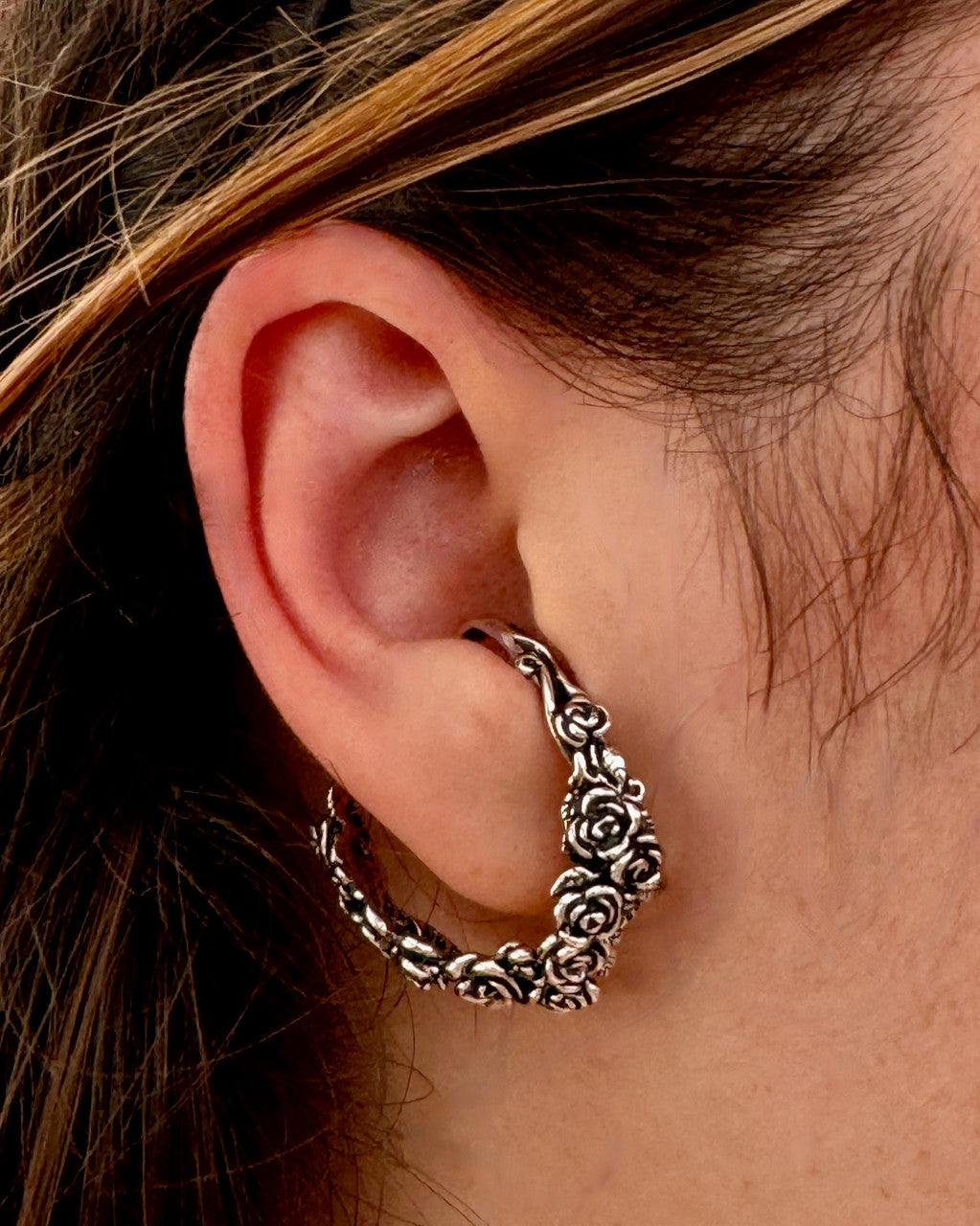 Silver Rose Tendril Ear Hoop Right Ear