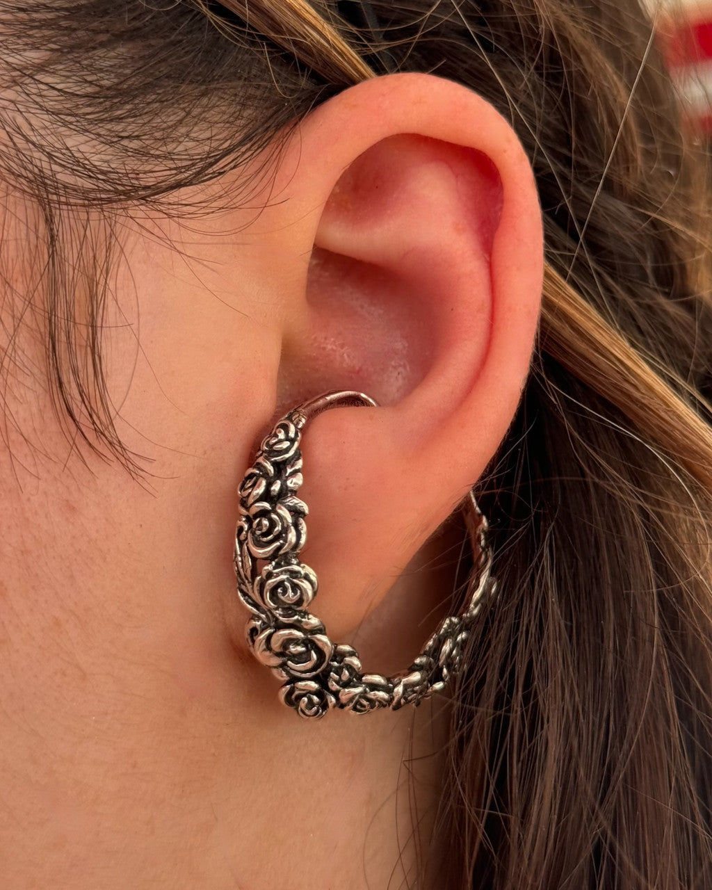 Silver Rose Tendril Ear Hoop Left Ear
